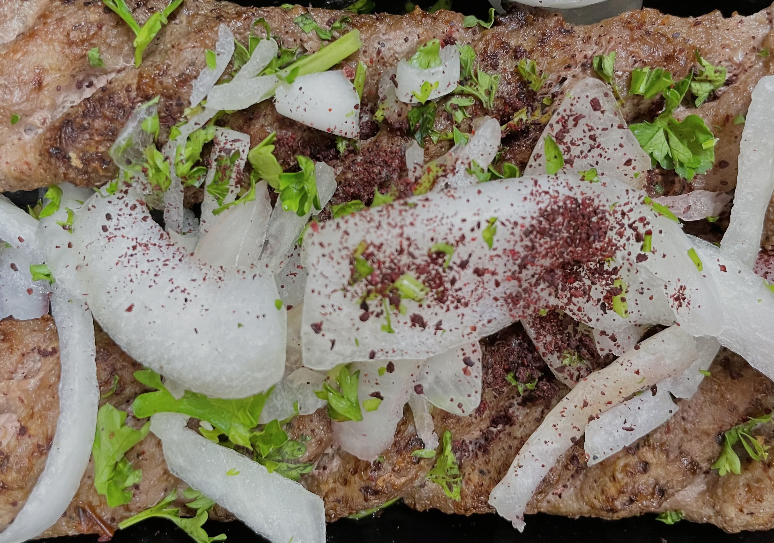 Beef lule kebab off the charcoal grill, under sliced onion, sumac and parsley.